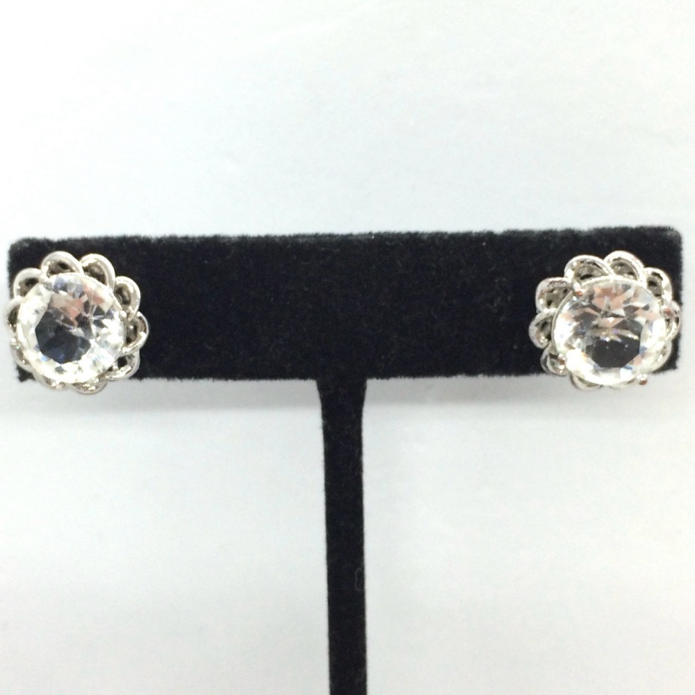 ROSS SIMONS SILVER TONE CUBIC ZIRCONIA CZ EARRINGS STUD RHINESTONE FLOWER